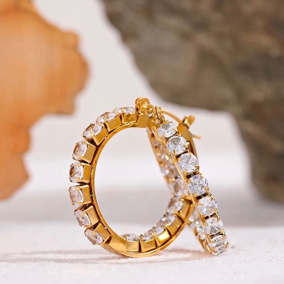 ◾️Luxury 18K Gold Plated Marquis 3A CZ Crystal Hoop Earrings - Picture 2 of 9